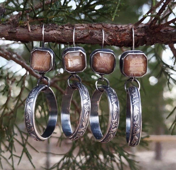 Golden Sheen Sapphire Dangle Hoop Earrings - Sterling Silver - Art In Motion Jewelry & Metal Studio LLC