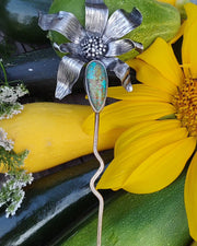 SUN FLOWER HAIR PIN • SUMMER WEDDING • Turquoise • Sterling Silver & Brass - Art In Motion Jewelry & Metal Studio LLC