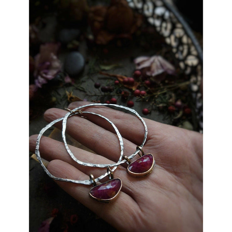 Blackened Hoops with Raspberry Sapphires - Earrings - Art In Motion Jewelry & Metal Studio LLC