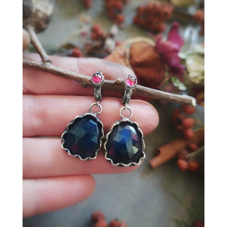 Navy Blue Sapphires and Pink Tourmaline - Earrings - Art In Motion Jewelry & Metal Studio LLC