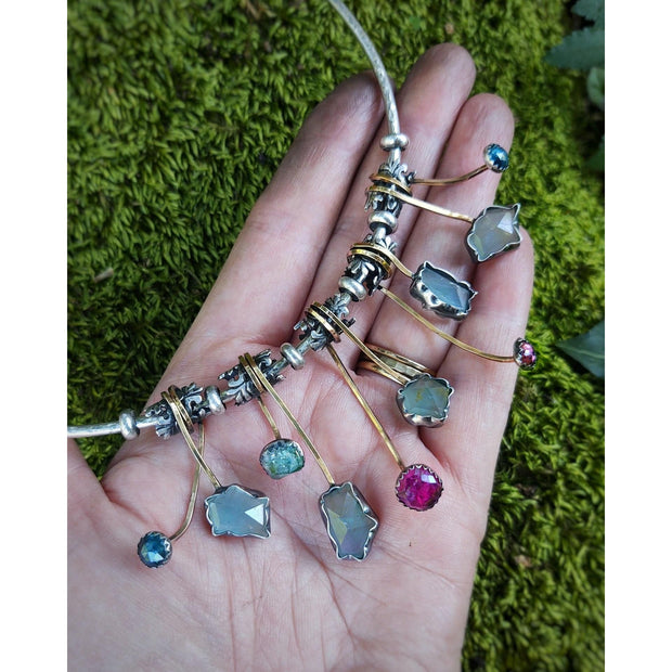 GEMSTONE FLORAL ART NECKLACE - Solid Silver Collar - Art In Motion Jewelry & Metal Studio LLC