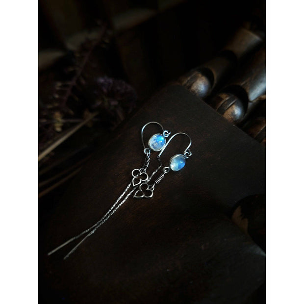 MOONSTONE THREADER EARRINGS - Gothic Revival Design - Sterling Silver - Art In Motion Jewelry & Metal Studio LLC