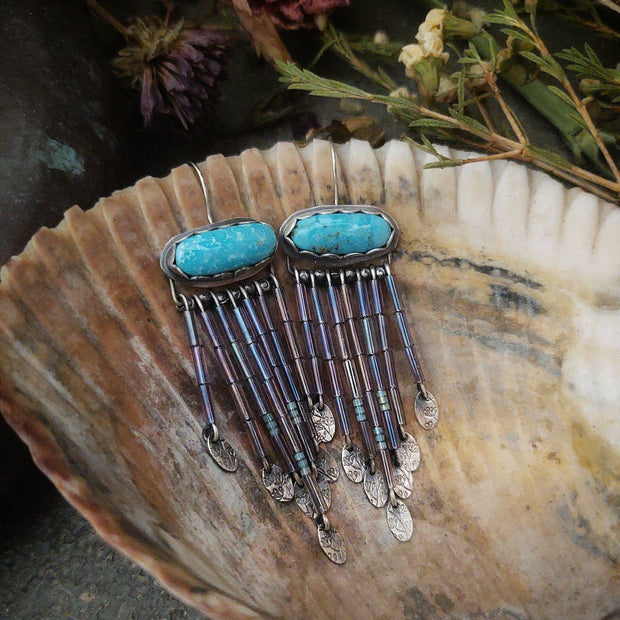 TURQUOISE & BEADED FRINGE - Earrings - Moroccan Dreams Collection - Art In Motion Jewelry & Metal Studio LLC