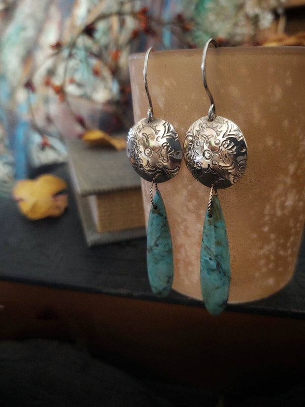 STAMPED BUTTON - Turquoise Artisan Earrings - Silver and Bronze - Art In Motion Jewelry & Metal Studio LLC
