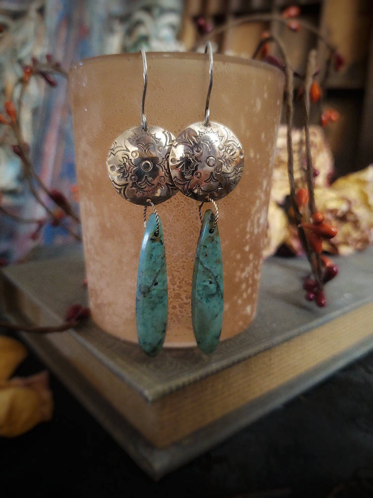 STAMPED BUTTON - Turquoise Artisan Earrings - Silver and Bronze - Art In Motion Jewelry & Metal Studio LLC