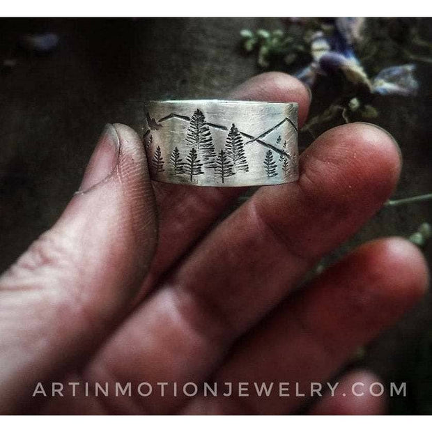 MOUNTAIN SCENE - INTO THE FOREST  Sterling silver wide band ring - Art In Motion Jewelry & Metal Studio LLC