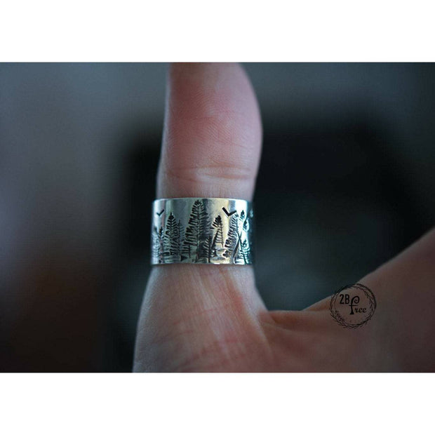 MOUNTAIN SCENE - INTO THE FOREST  Sterling silver wide band ring - Art In Motion Jewelry & Metal Studio LLC